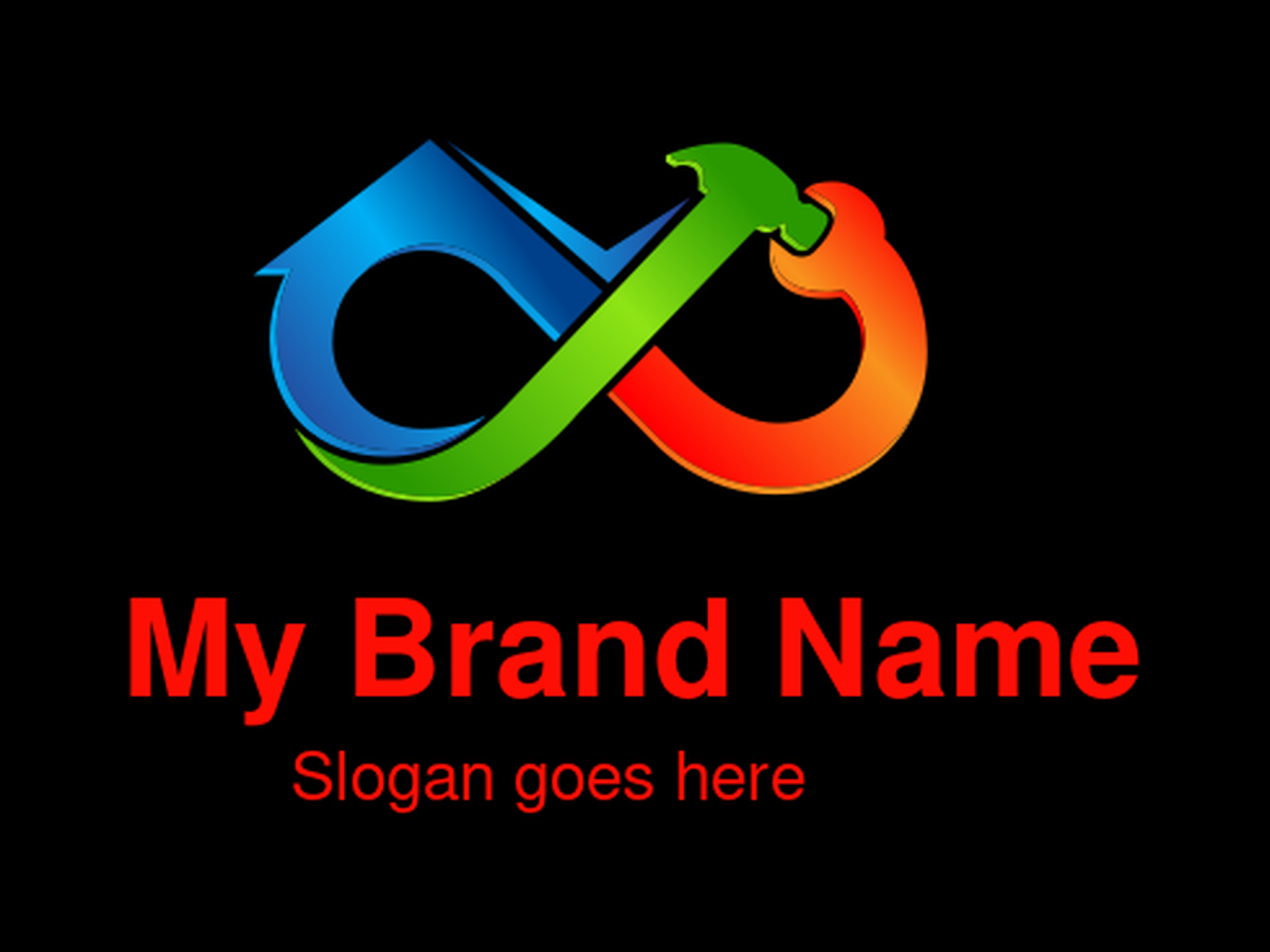 Home Repair and Maintenance Logo Design with House Roof, Infinity Symbol, Hammer, and Wrench for Handyman Services